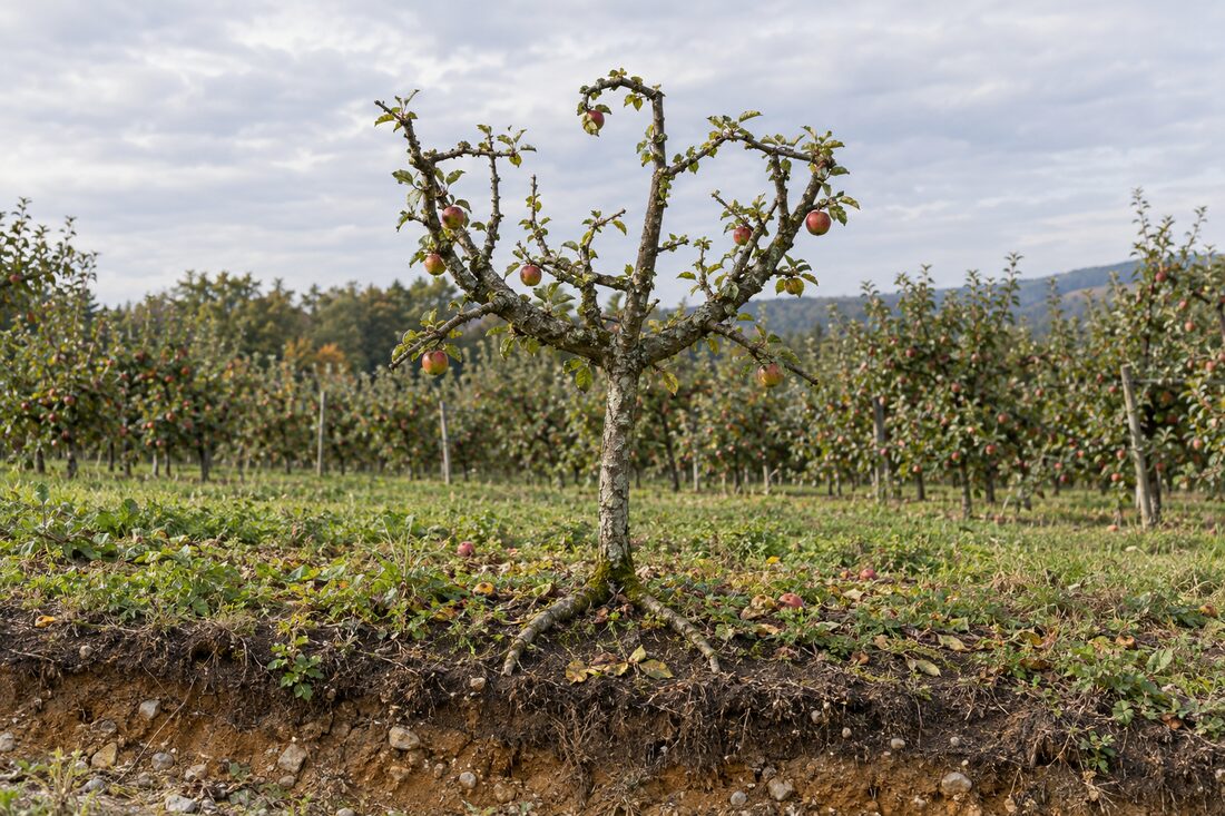 A generated photograph of an apple tree whose branch structure matches the drawing limb for limb, standing above an exposed soil profile.